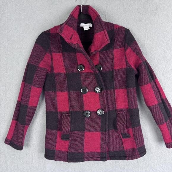 Keren Hart Coat Womens Large Red Black Buffalo Plaid Wool Peacoat Stand Collar - Picture 2 of 13